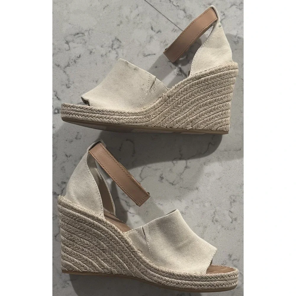 TOMS Marisol Natural Canvas Leather Ankle Strap Espadrille Wedge Sandal 9.5